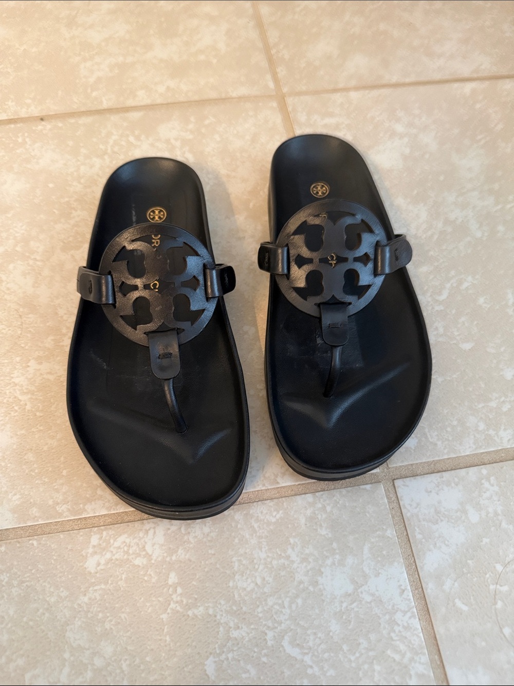 Tory Burch Miller Cloud Black Leather Logo Sandals